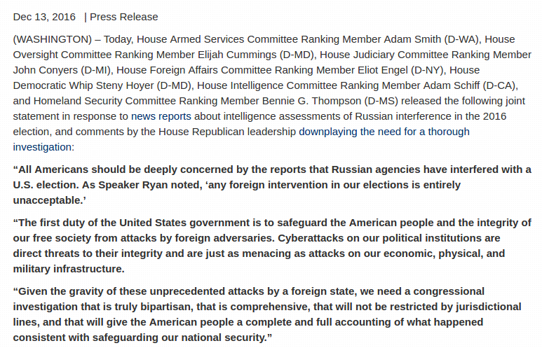 House Oversight Committee — Thompson, Smith, Cummings, Conyers, Engel, Hoyer, Schiff Joint Statement Calling for a Comprehensive Investigation of Russian Interference in the 2016 Election