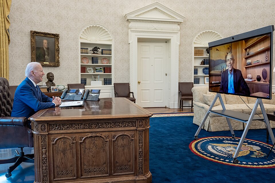 Former President Barack — President Joe Biden records an Affordable Care Act digital engagement with former President Barack Obama on March 22, 2023, at the Resolute desk in the Oval Office of the White House