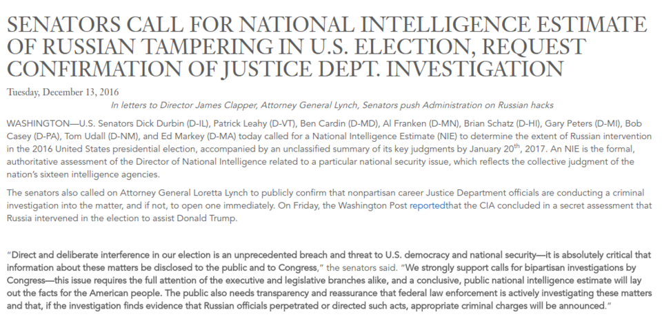 Director James Comey — Senators Call for National Intelligence Estimate of Russian Tampering in US Election, Request Confirmation of Justice Dept Investigation