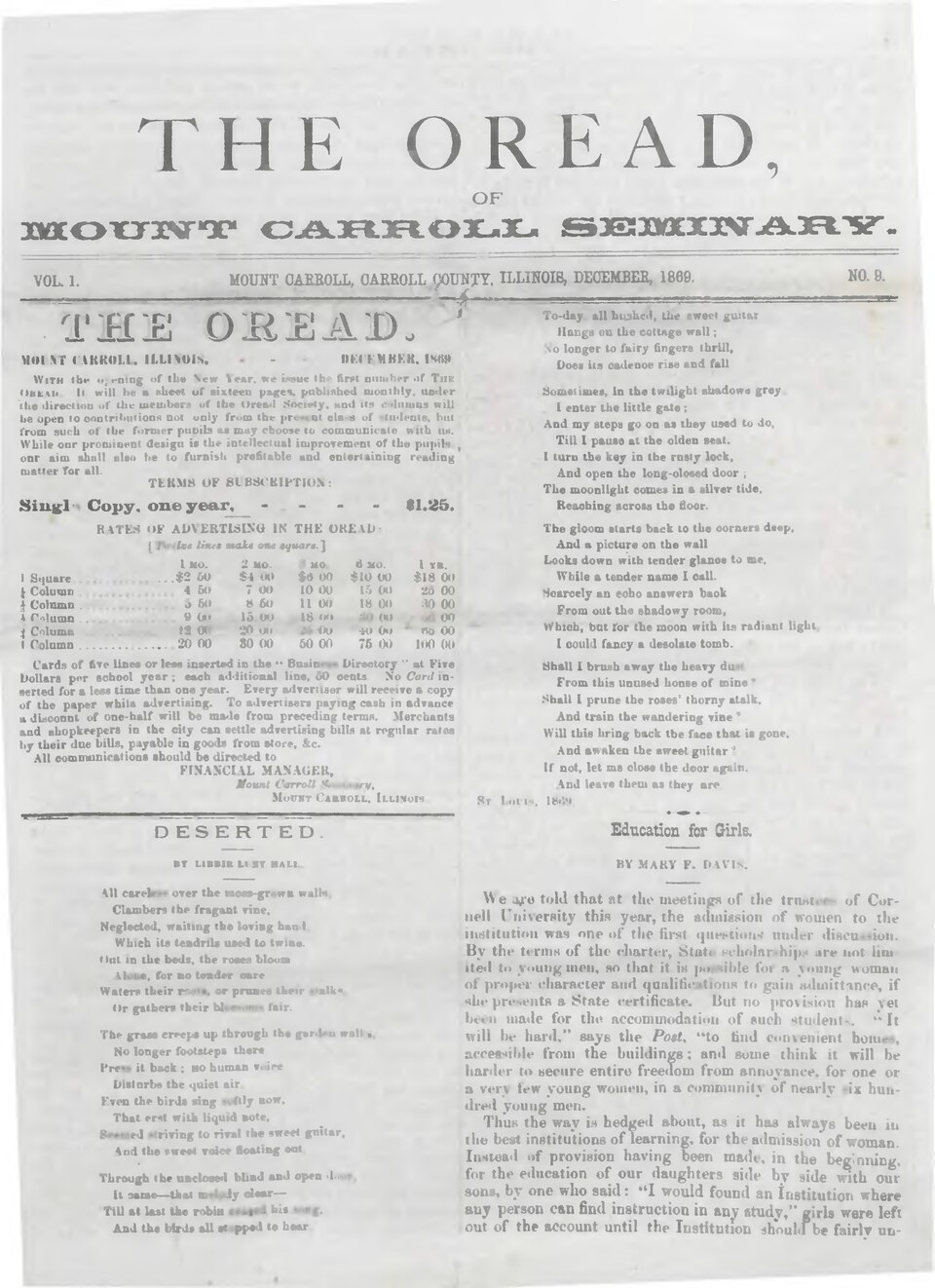 Woman Charged With — Oread of the Mount Carroll Seminary, December 1869